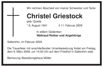 Traueranzeige von Christel Griestock von ALLGEMEINE ZEITUNG UELZEN