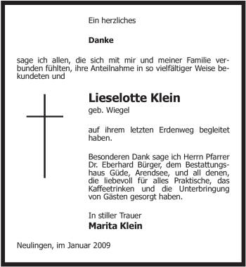 Traueranzeige von Lieselotte Klein von ALLGEMEINE ZEITUNG UELZEN