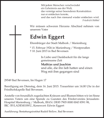 Traueranzeige von Edwin Eggert von Uelzen