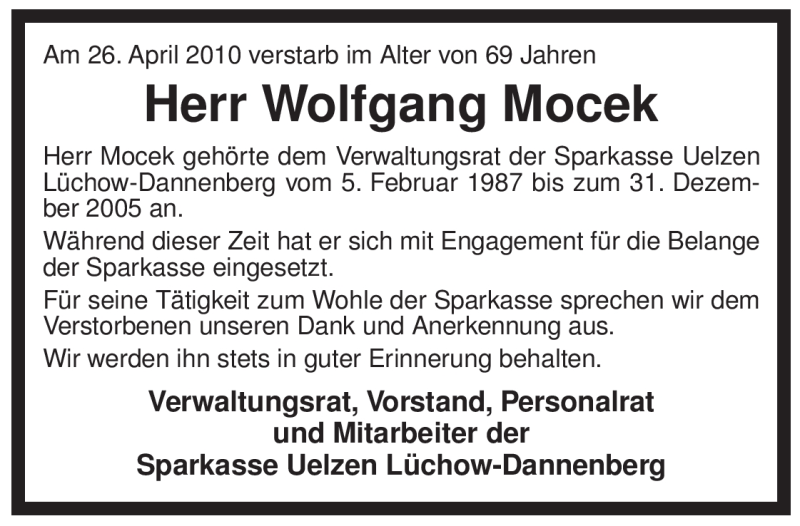  Traueranzeige für Wolfgang Mocek vom 29.04.2010 aus ALLGEMEINE ZEITUNG UELZEN
