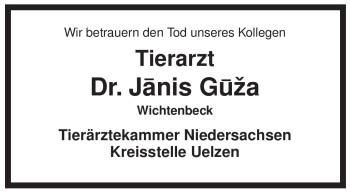 Traueranzeige von Janis Guza von ALLGEMEINE ZEITUNG UELZEN