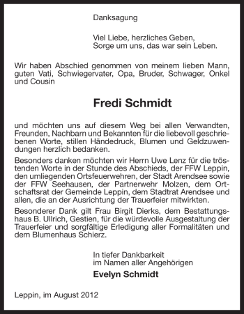 Traueranzeige von Fredi Schmidt von ALLGEMEINE ZEITUNG UELZEN