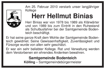 Traueranzeige von Hellmut Binias von ALLGEMEINE ZEITUNG UELZEN