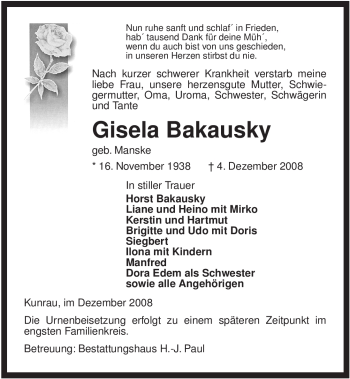 Traueranzeige von Gisela Bakausky von ALLGEMEINE ZEITUNG UELZEN