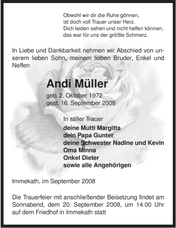 Traueranzeige von Andi Müller von ALLGEMEINE ZEITUNG UELZEN