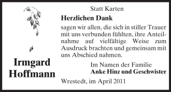 Traueranzeige von Irmgard Hoffmann von ALLGEMEINE ZEITUNG UELZEN