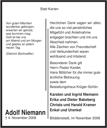 Traueranzeige von Adolf Niemann von ALLGEMEINE ZEITUNG UELZEN