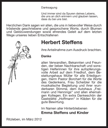 Traueranzeige von Herbert Steffens von ALLGEMEINE ZEITUNG UELZEN