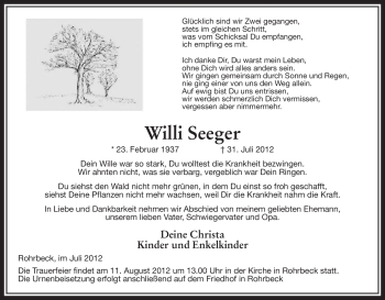 Traueranzeige von Willi Seeger von ALLGEMEINE ZEITUNG UELZEN