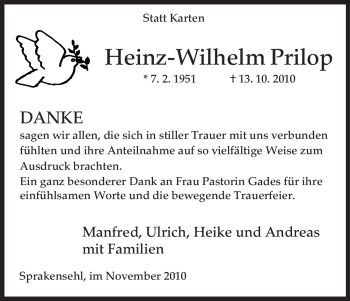 Traueranzeige von Heinz-Wilhelm Prilop von ALLGEMEINE ZEITUNG UELZEN