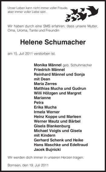 Traueranzeige von Helene Schumacher von ALLGEMEINE ZEITUNG UELZEN