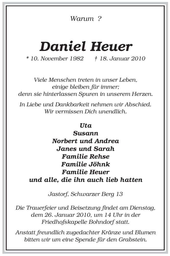  Traueranzeige für Daniel Heuer vom 21.01.2010 aus ALLGEMEINE ZEITUNG UELZEN