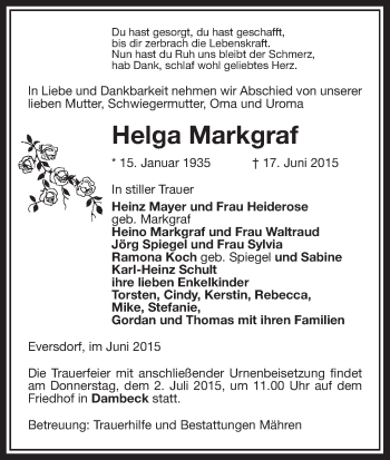 Traueranzeige von Helga Markgraf von Uelzen