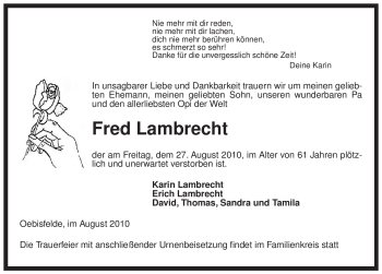 Traueranzeige von Fred Lambrecht von ALLGEMEINE ZEITUNG UELZEN