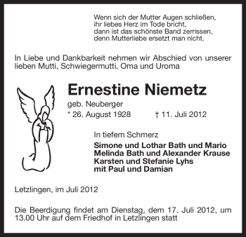 Traueranzeige von Ernestine Niemetz von ALLGEMEINE ZEITUNG UELZEN
