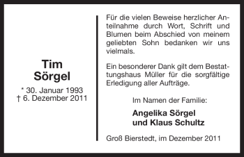 Traueranzeige von Tim Sörgel von ALLGEMEINE ZEITUNG UELZEN