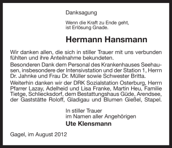 Traueranzeige von Hermann Hansmann von ALLGEMEINE ZEITUNG UELZEN