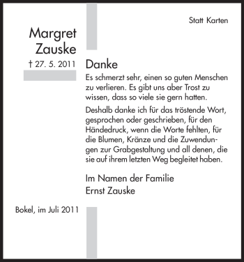 Traueranzeige von Margret Zauske von ALLGEMEINE ZEITUNG UELZEN