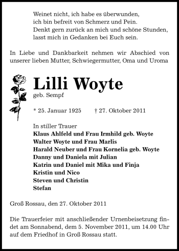 Traueranzeige von Lilli Woyte von ALLGEMEINE ZEITUNG UELZEN