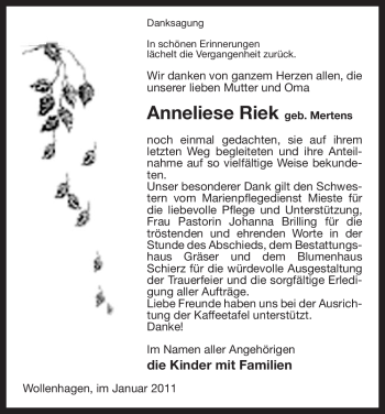 Traueranzeige von Anneliese Riek von ALLGEMEINE ZEITUNG UELZEN