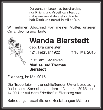 Traueranzeige von Wanda Bierstedt von Uelzen