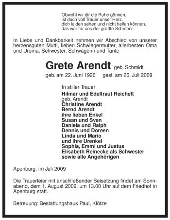 Traueranzeige von Grete Arendt von ALLGEMEINE ZEITUNG UELZEN