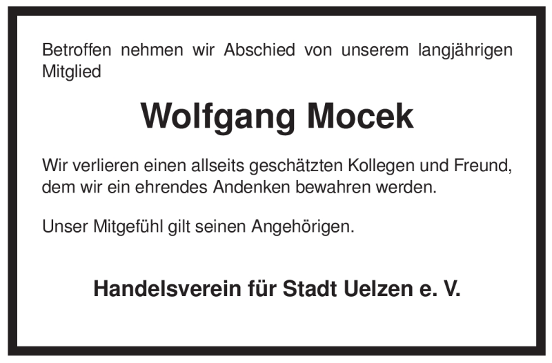  Traueranzeige für Wolfgang Mocek vom 29.04.2010 aus ALLGEMEINE ZEITUNG UELZEN