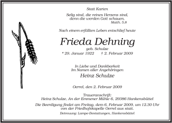 Traueranzeige von Frieda Dehning von ALLGEMEINE ZEITUNG UELZEN