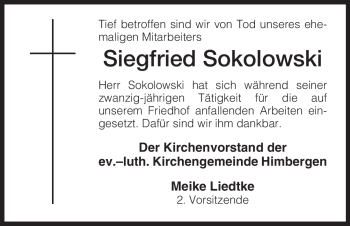 Traueranzeige von Siegfried Sokolowski von ALLGEMEINE ZEITUNG UELZEN