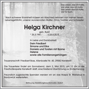 Traueranzeige von Helga Kirchner von Uelzen