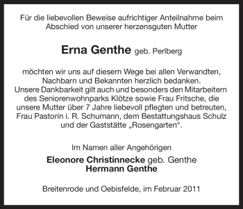 Traueranzeige von Erna Genthe von ALLGEMEINE ZEITUNG UELZEN