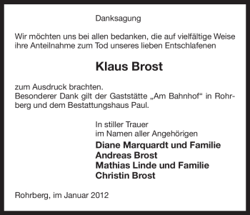 Traueranzeige von Klaus Brost von ALLGEMEINE ZEITUNG UELZEN