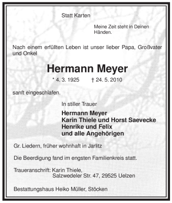 Traueranzeige von Hermann Meyer von ALLGEMEINE ZEITUNG UELZEN