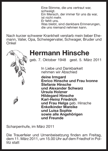 Traueranzeige von Hermann Hinsche von ALLGEMEINE ZEITUNG UELZEN