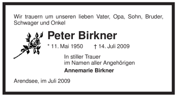 Traueranzeige von Peter Birkner von ALLGEMEINE ZEITUNG UELZEN