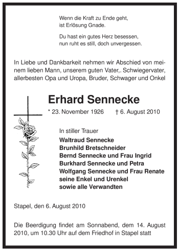 Traueranzeige von Erhard Sennecke von ALLGEMEINE ZEITUNG UELZEN