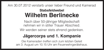 Traueranzeige von Wilhelm Berlinecke von ALLGEMEINE ZEITUNG UELZEN