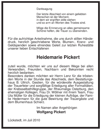 Traueranzeige von Heidemarie Pickert von ALLGEMEINE ZEITUNG UELZEN