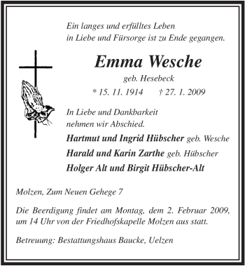Traueranzeige von Emma Wesche von ALLGEMEINE ZEITUNG UELZEN