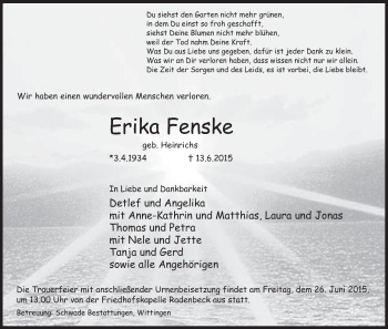 Traueranzeige von Erika Fenske von Uelzen