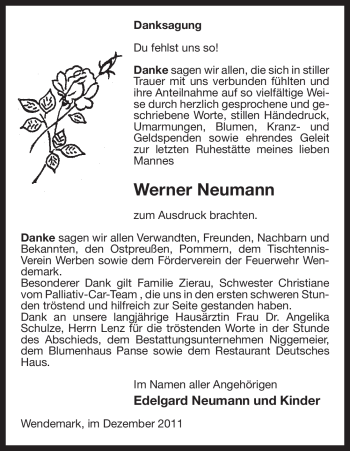 Traueranzeige von Werner Neumann von ALLGEMEINE ZEITUNG UELZEN