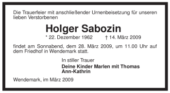 Traueranzeige von Holger Sabozin von ALLGEMEINE ZEITUNG UELZEN