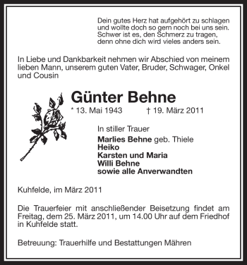 Traueranzeige von Günter Behne von ALLGEMEINE ZEITUNG UELZEN