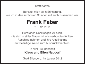 Traueranzeige von Frank Faber von ALLGEMEINE ZEITUNG UELZEN