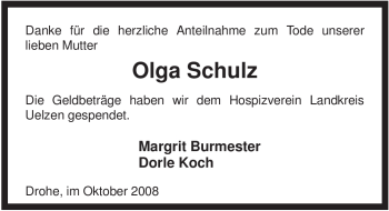 Traueranzeige von Olga Schulz von ALLGEMEINE ZEITUNG UELZEN
