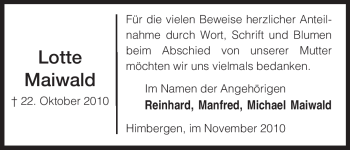 Traueranzeige von Lotte Maiwald von ALLGEMEINE ZEITUNG UELZEN