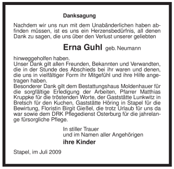 Traueranzeige von Erna Guhl von ALLGEMEINE ZEITUNG UELZEN