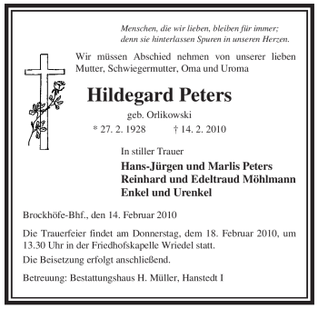 Traueranzeige von Hildegard Peters von ALLGEMEINE ZEITUNG UELZEN