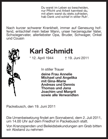 Traueranzeige von Karl Schmidt von ALLGEMEINE ZEITUNG UELZEN