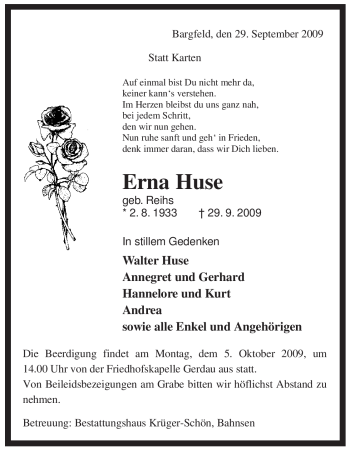 Traueranzeige von Erna Huse von ALLGEMEINE ZEITUNG UELZEN